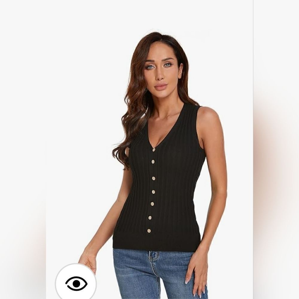 AmélieBoutik Women V Neck Button Embellished Sleeveless Ribbed Knit Top Black XS